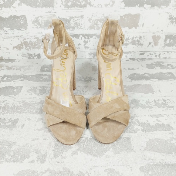 NEW Sam Edelman Yancy Cream Tan Suede Open Toe Ankle Buckle Heeled Sandals X175 - Picture 7 of 12